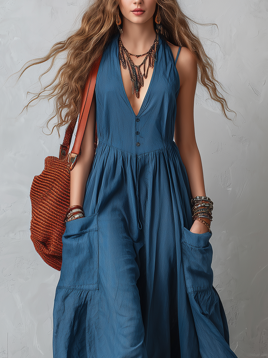 Dark Blue French-style V-neck Dress