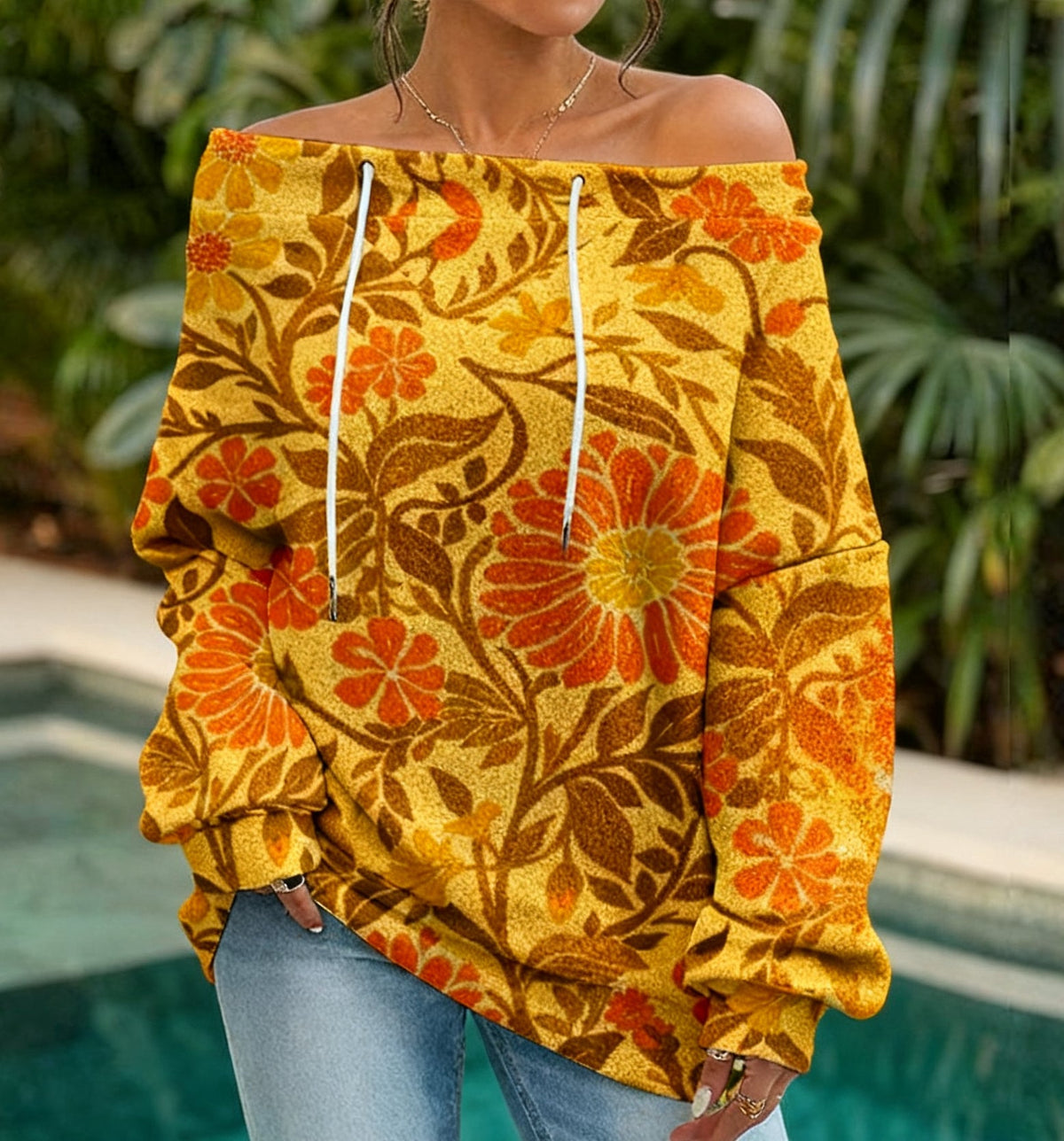 Women'S One-neck floral print long-sleeved jumper