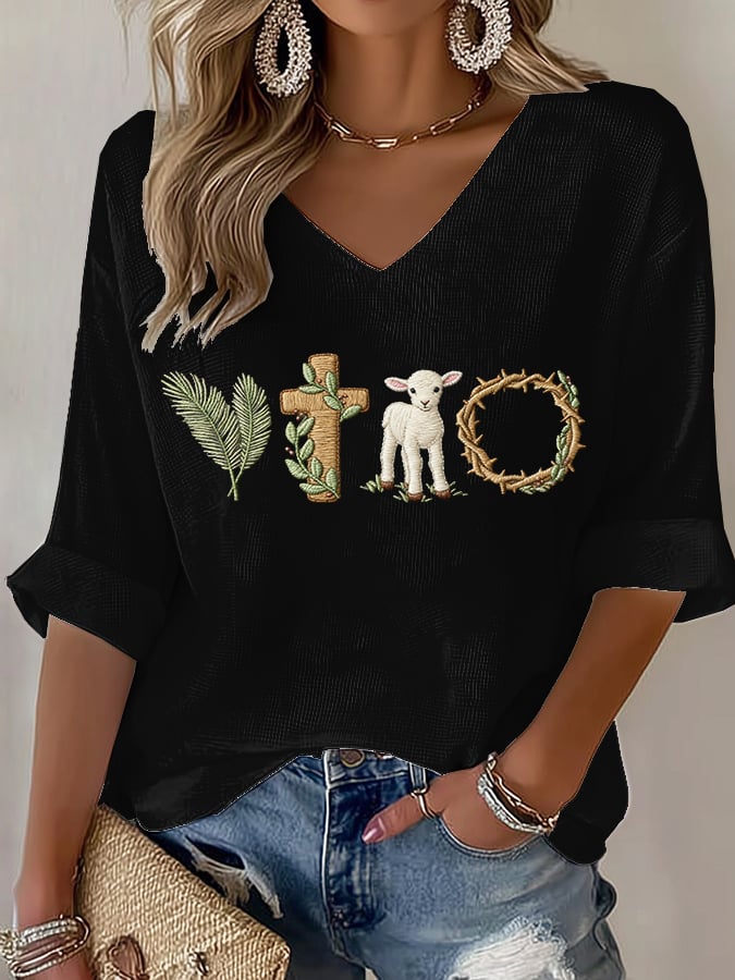 Women's True Easter Lamb Crown of Thorn Cross Palm Print T-Shirt