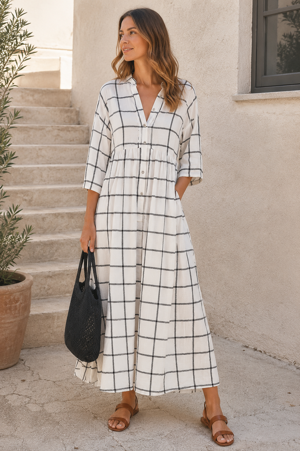 Windowpane Check Print Button-Front Maxi Shirt Dress with Half Sleeves