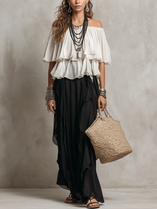 White Ruffled Bohemian Style Top And Black Ruffled Skirt Set
