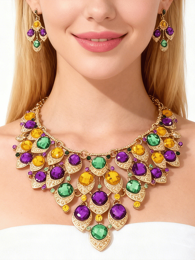 Mardi Gras Carnival Necklace And Earrings Set With Three-Color Rhinestones, Party Jewelry Set.