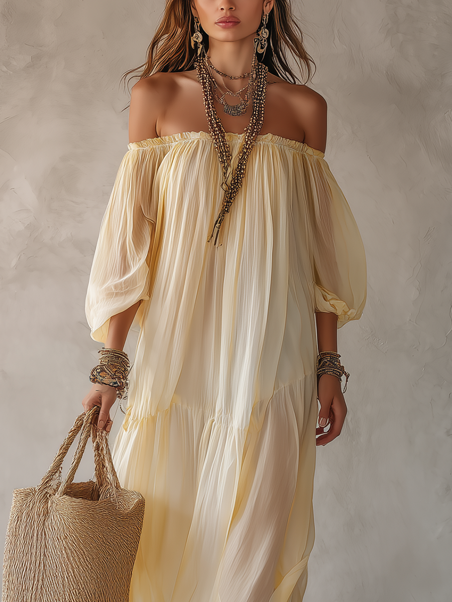 Bohemian Cream Yellow Off Shoulder Flowing Maxi Dress