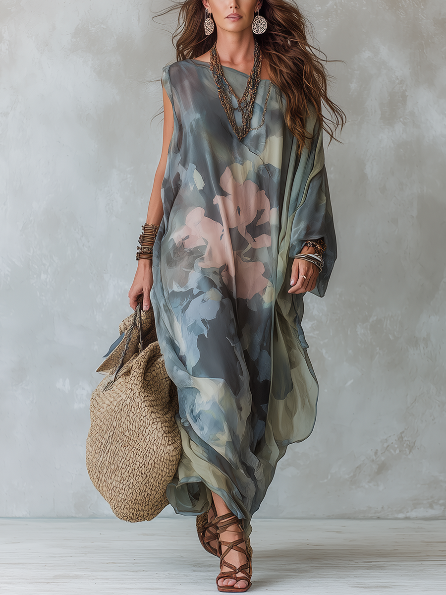 Bohemian Soft Gray Blue Abstract Print Flowing Dress