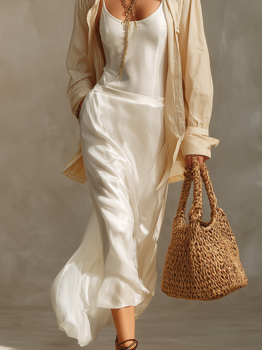 Versatile White Satin Slip Dress And Striped Shirt Layering Set