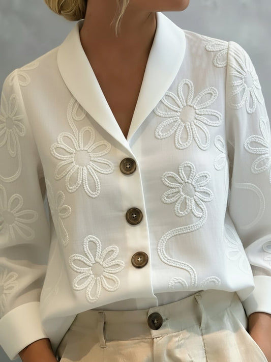 Women's Vintage Embroidered Floral Peter Pan Collar Cotton Shirt