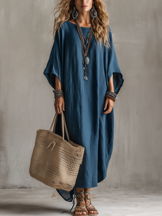 Deep Sea Blue Bohemian Style Kaftan Maxi Dress