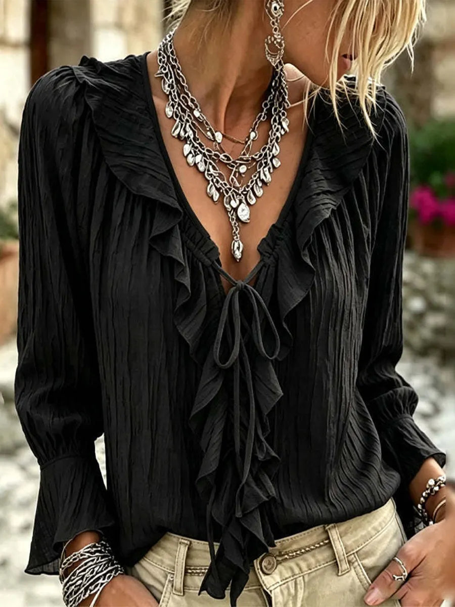 Casual Ruffle-collar Tie-neck Shirt In Textured Pleated Fabric
