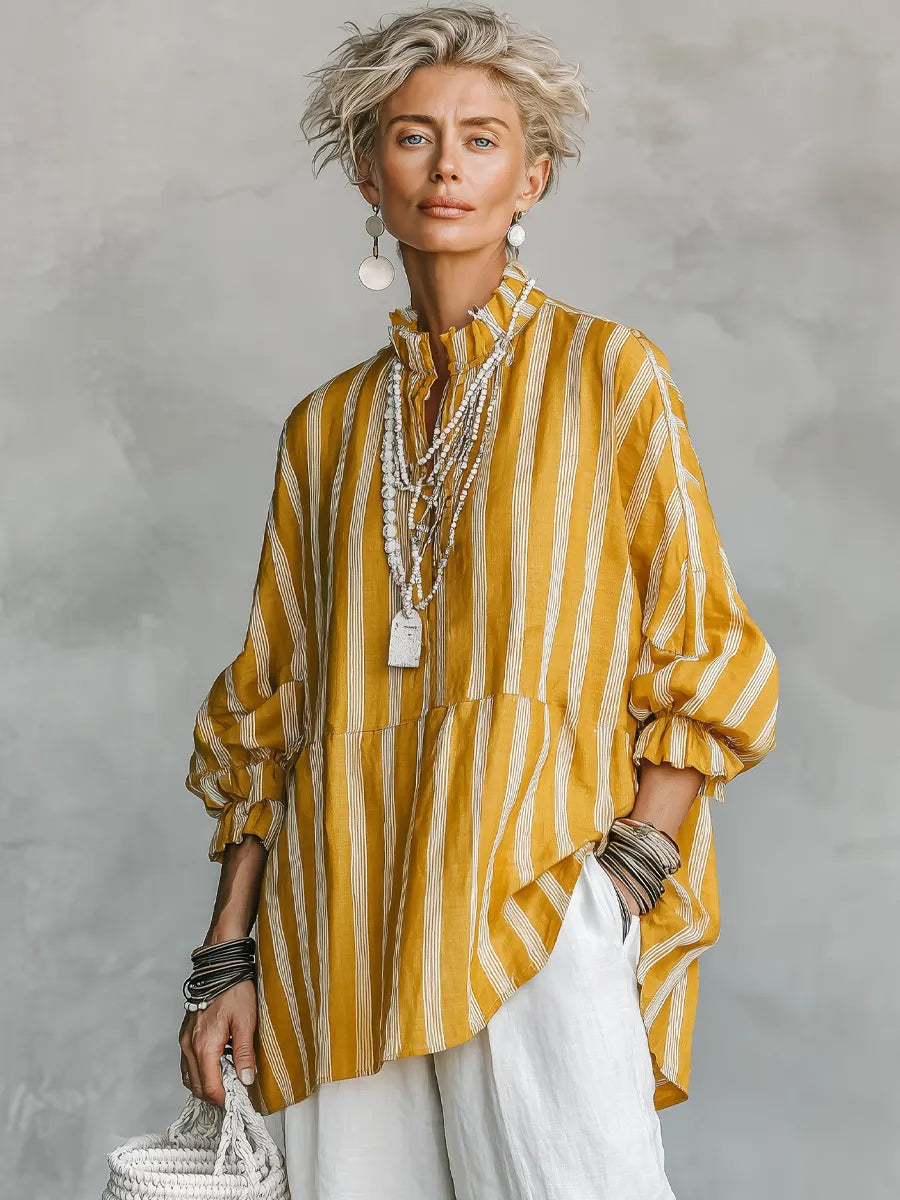 Women's Vintage Casual Linen Blend Vertical Stripes Mandarin Collar, and Lantern Sleeves Loose Blouse