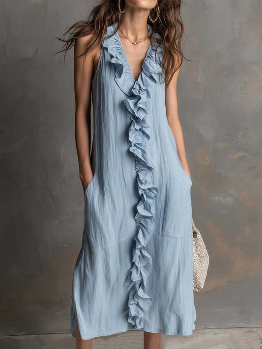 Relaxed Fit Side Pockets Ruffled Placket Cotton-linen Midi Dress