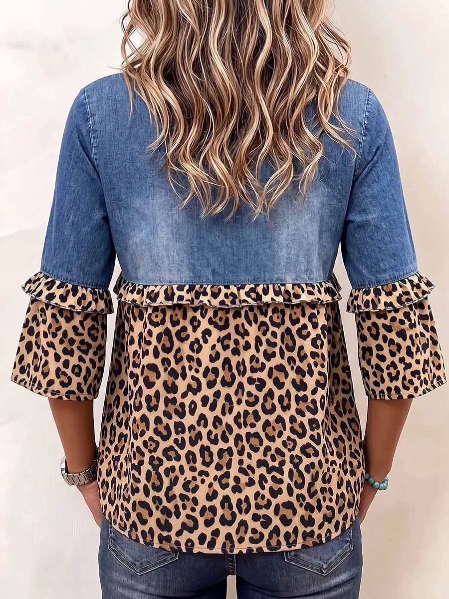 Women's Round Neck 3/4 Sleeve Casual Loose Denim Patchwork Leopard Print Pullover Top