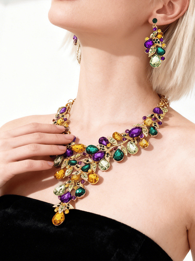 Mardi Gras Carnival Necklace And Earrings Set With Three-Color Rhinestones, Party Jewelry Set.