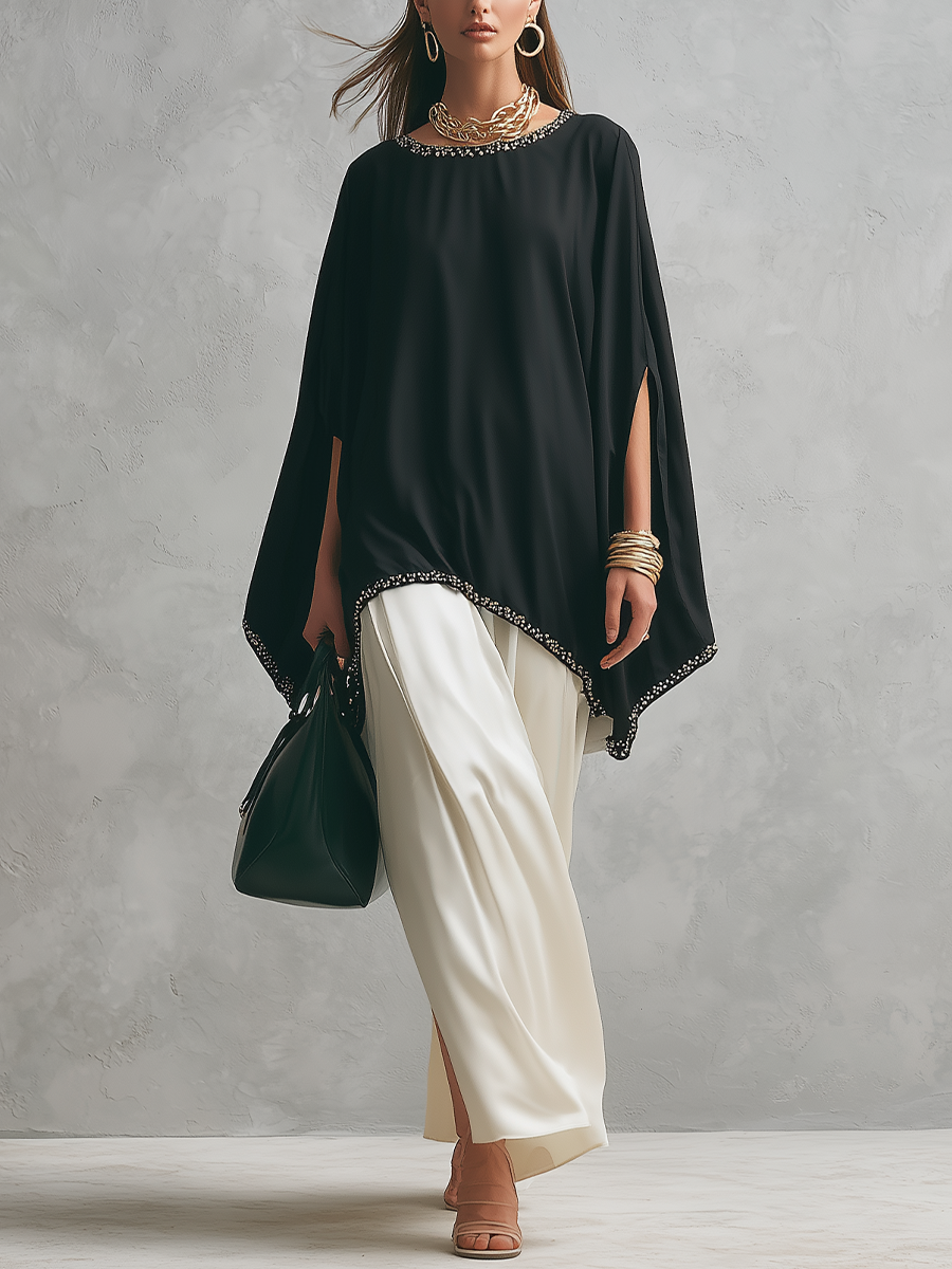 Minimal Black Cape-Style Top & Flowing Skirt Set