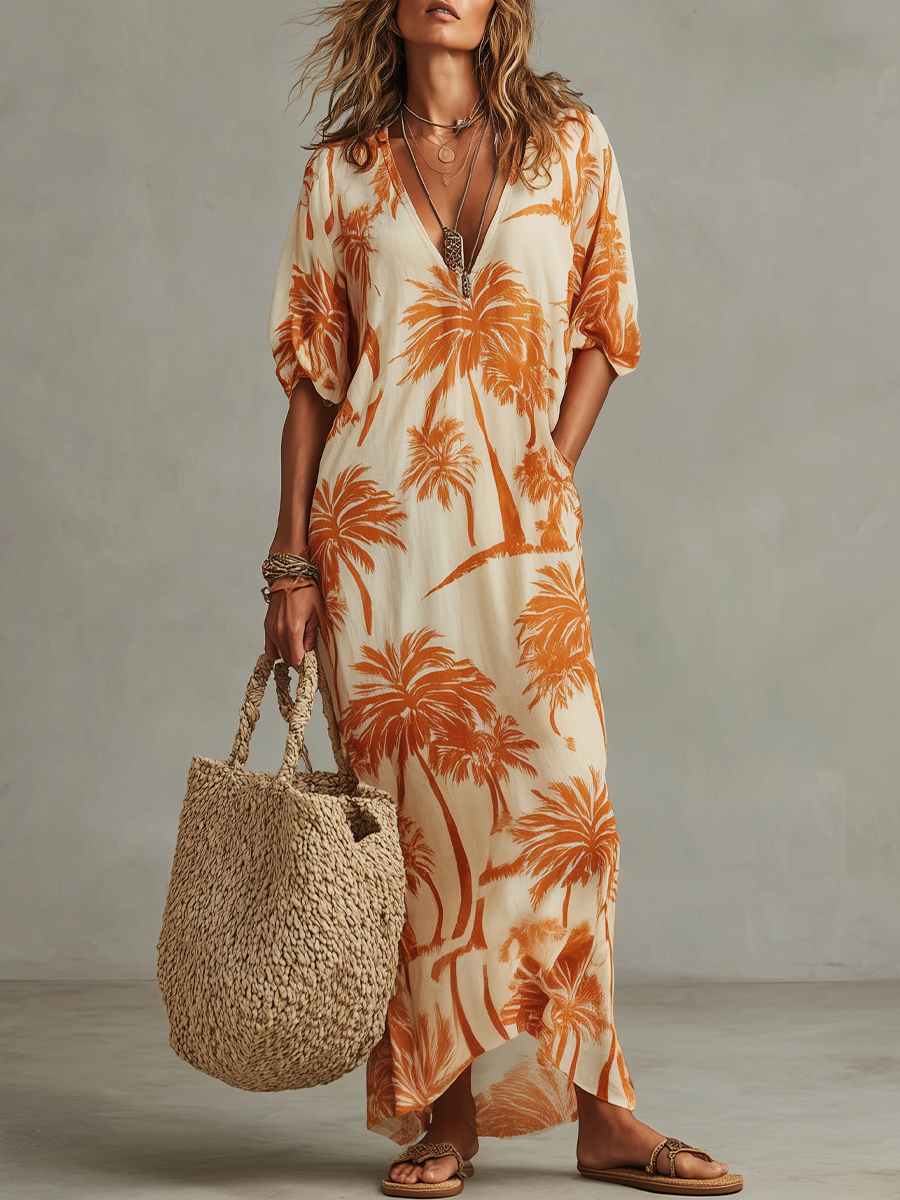 Tropical Palm Tree Print V-Neck Maxi Dress