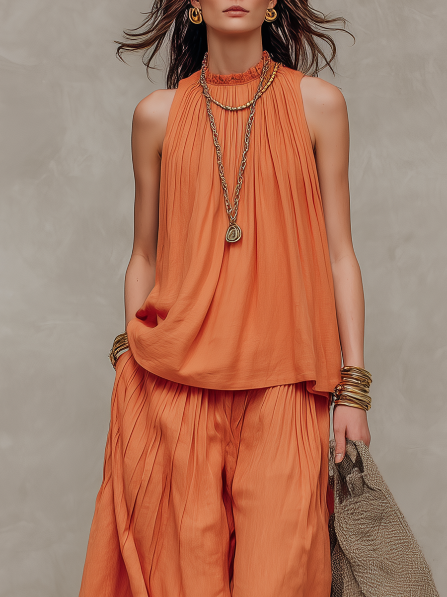 Bohemian Style Orange Linen Sleeveless Top And Wide Leg Pants Set
