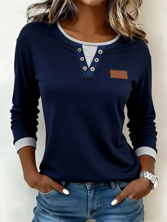 Women'S Casual Round-Neck Color-Block Faux Two-Piece Top
