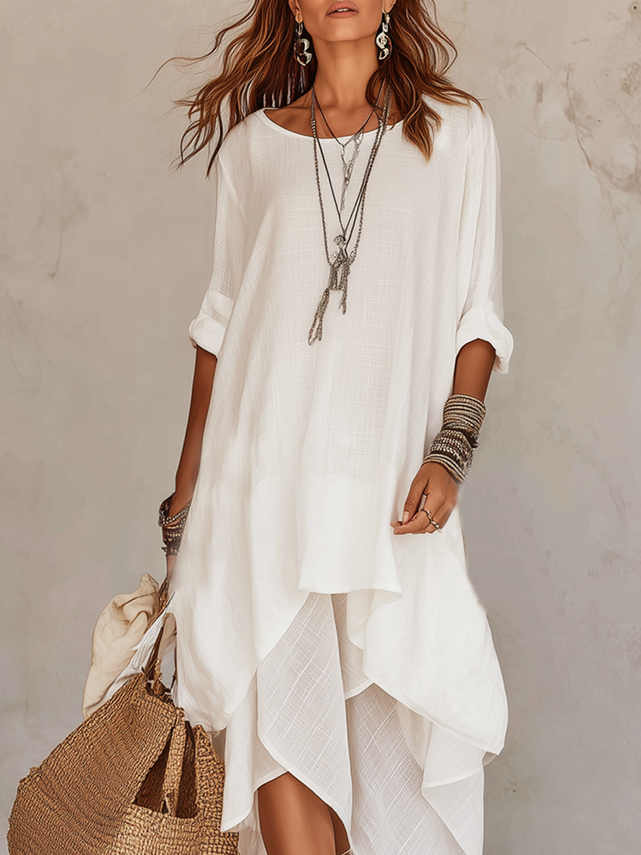Ivory Layered Asymmetrical Bohemian Style Natural Linen Dress