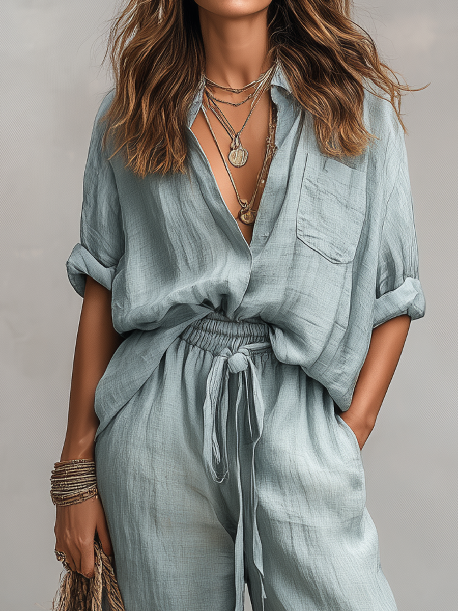 Extured Sage Green Shirt & Wide-Leg Pant Two-Piece Set