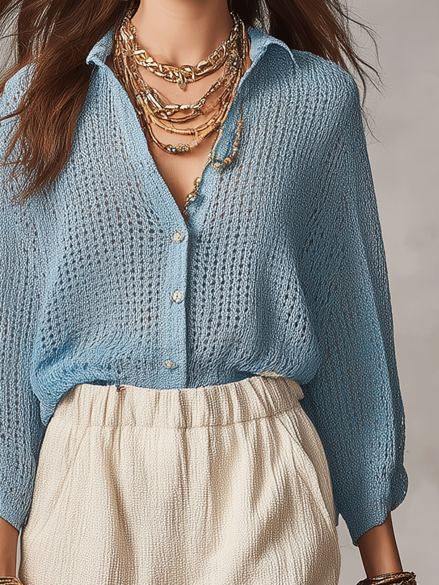 Relaxed Boho Woven-Texture Button-Down Blouse