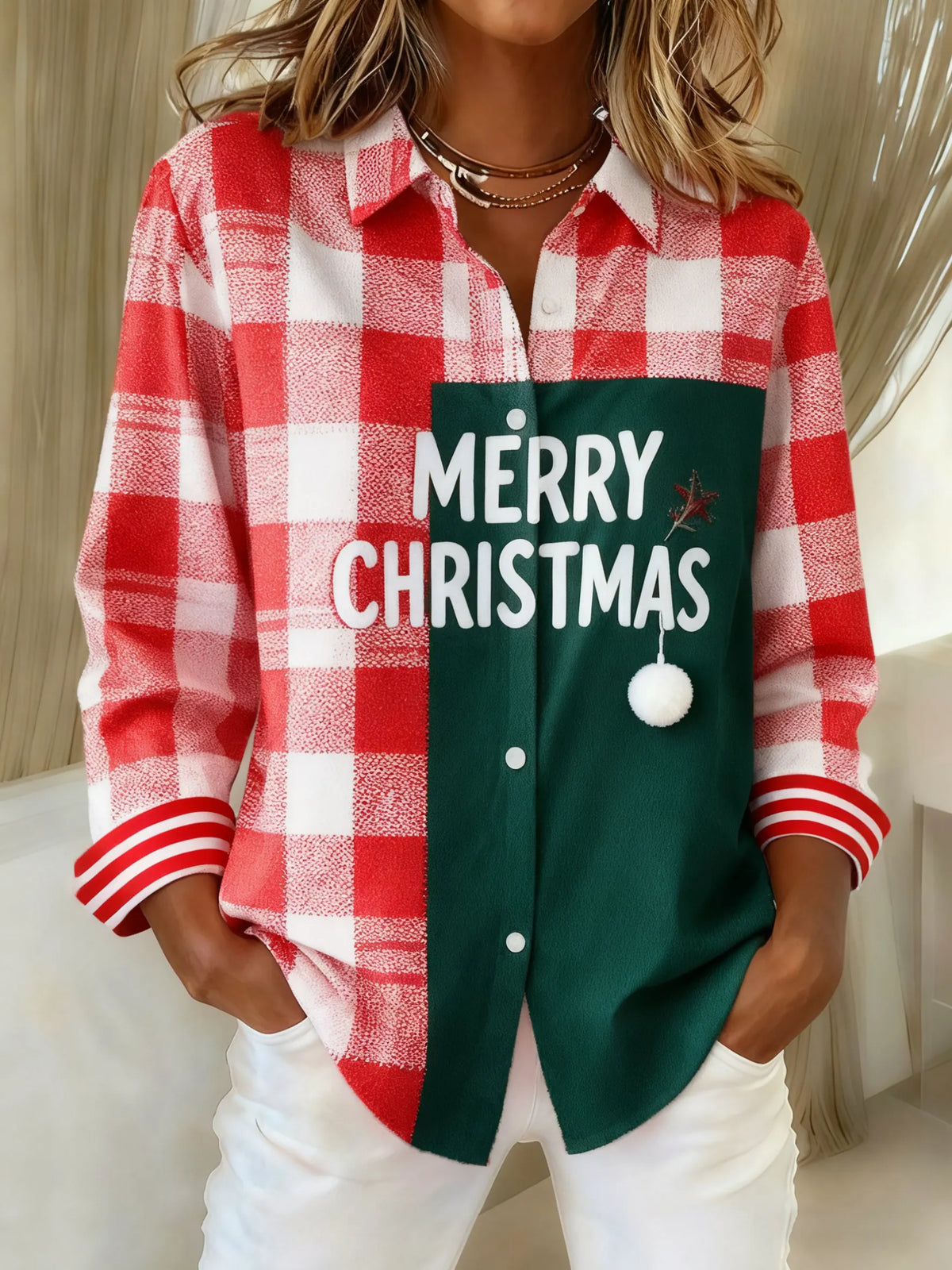 Women's Christmas Contrast Patchwork Print Casual Lapel Shirt