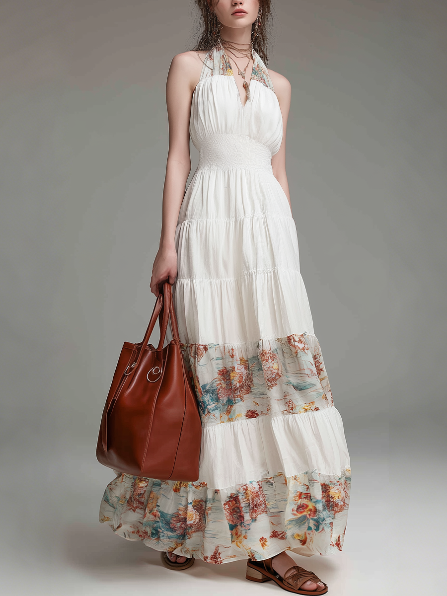 Elegant Printed Panel Halter Maxi Dress