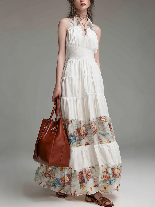 Elegant Printed Panel Halter Maxi Dress