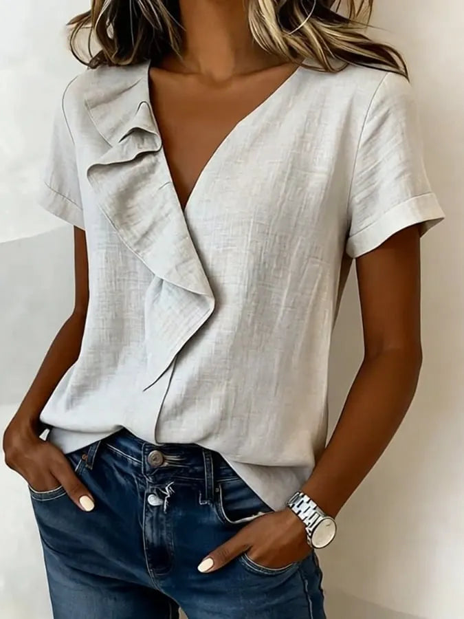 Women's Casual  Short-Sleeve Cotton-Linen Top