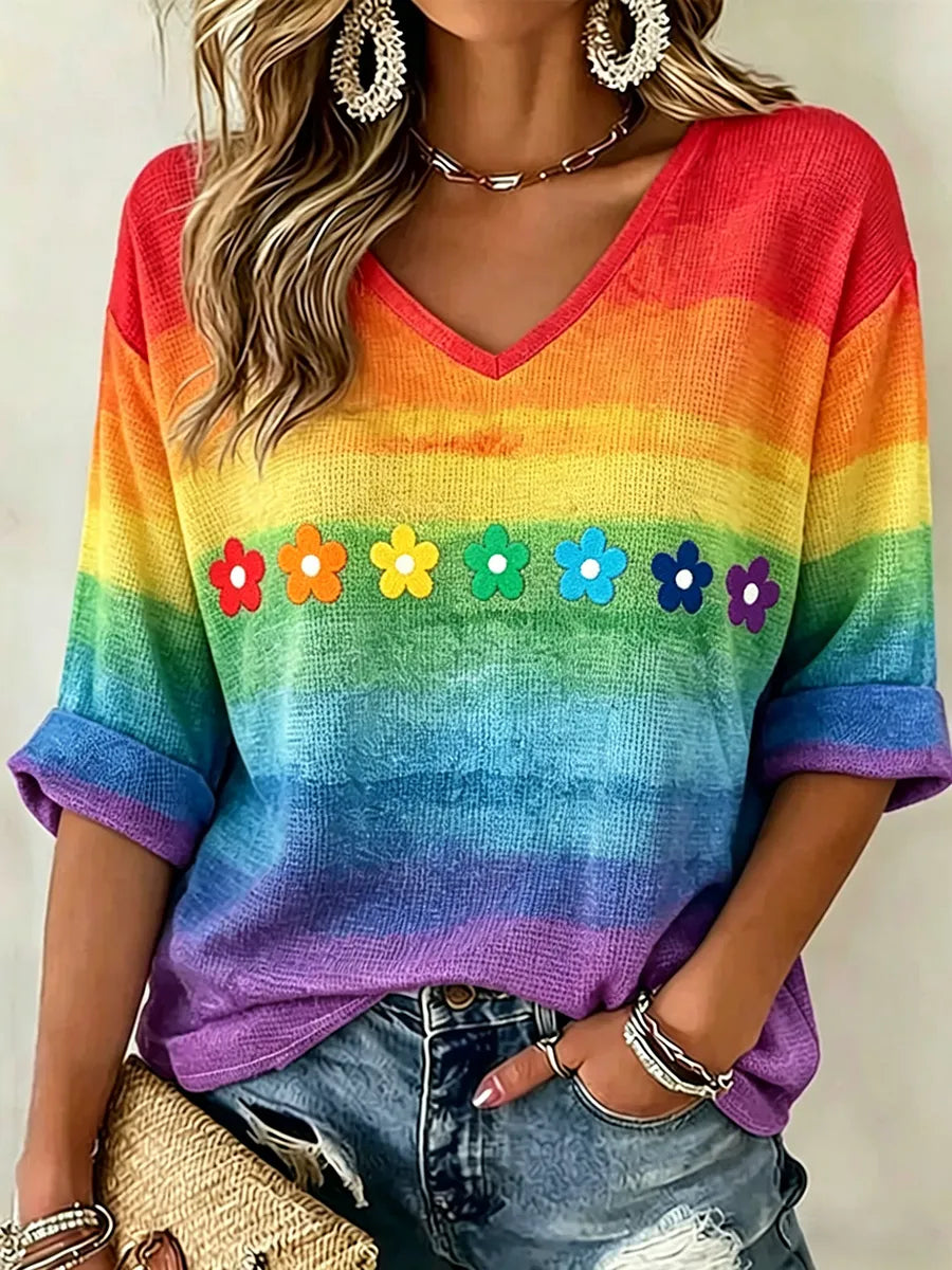 Women's Rainbow Floral Art Printed Casual Top