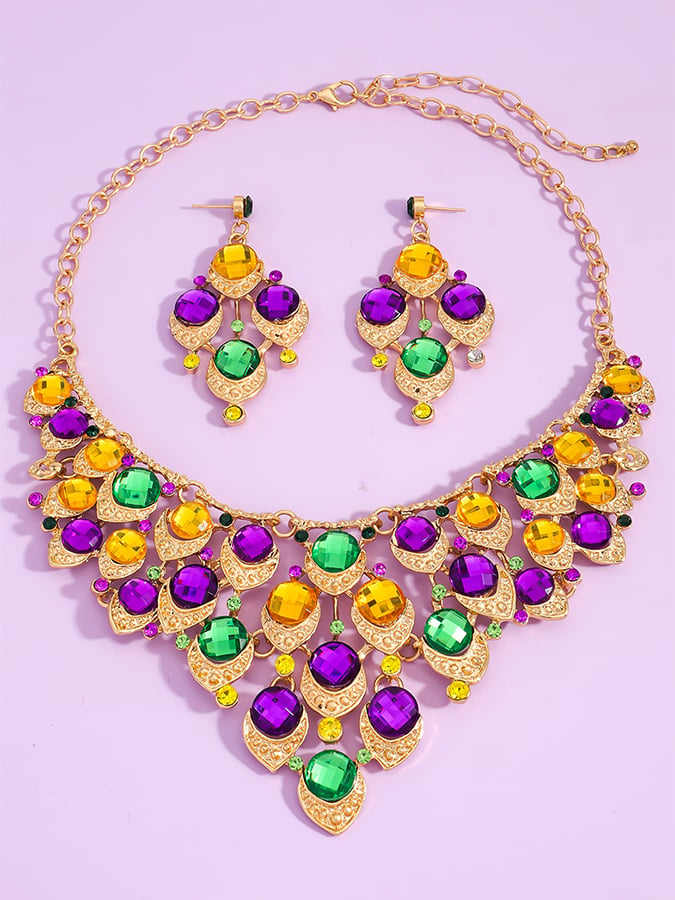 Mardi Gras Carnival Necklace And Earrings Set With Three-Color Rhinestones, Party Jewelry Set.