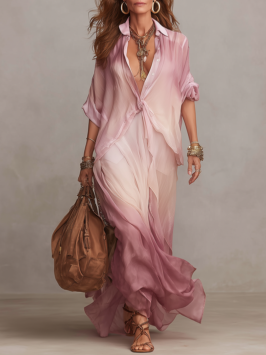 Romantic Gradient Pink Maxi Dress For Vacation