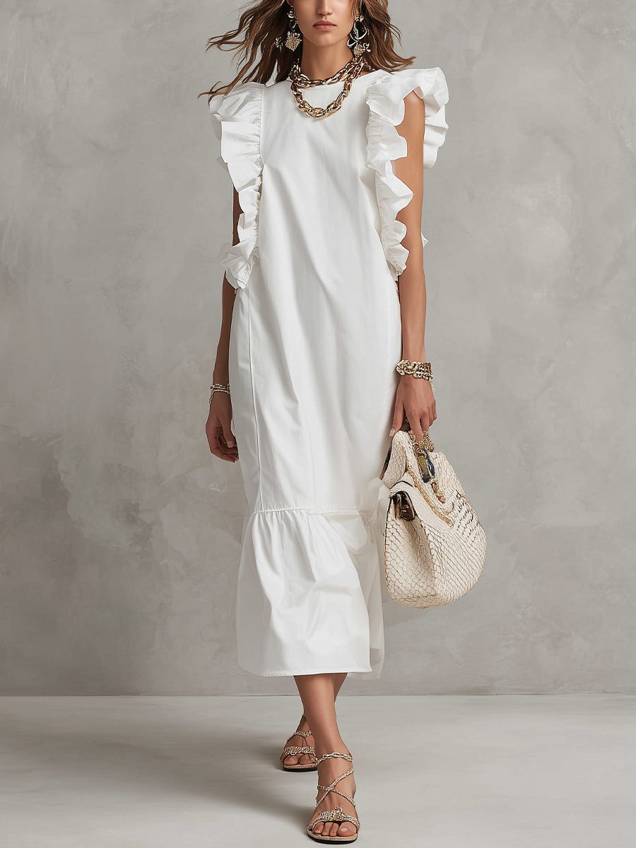 Resort Style White Elegant Ruffled Sleeve Long Dress