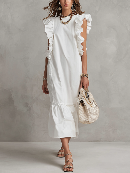 Resort Style White Elegant Ruffled Sleeve Long Dress