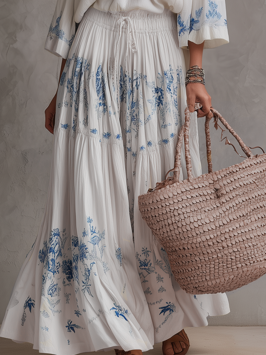 Boho Floral Embroidered V-Neck Maxi Dress