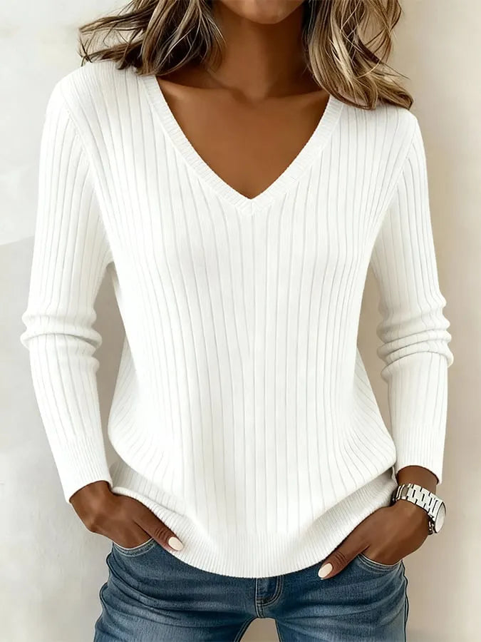 Women'S Long-Sleeved V-Neck Ribbed Sweater