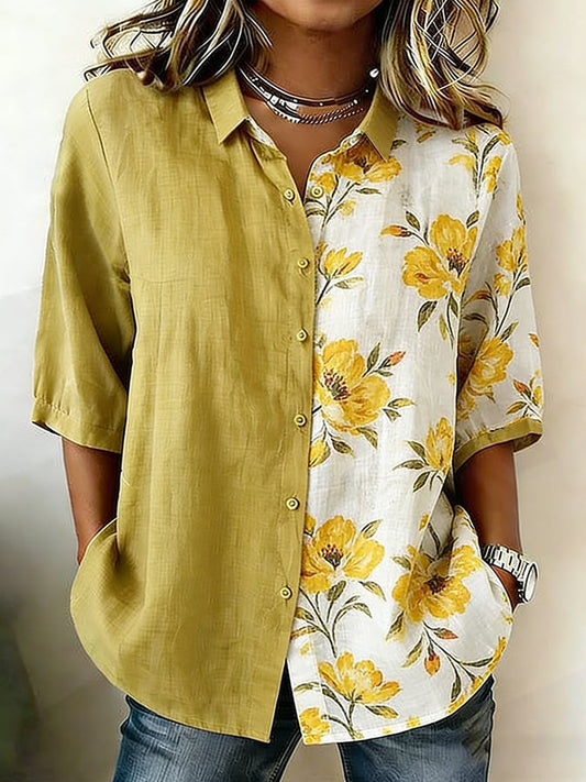 Women's Color Block Leaf Print Casual Mid-Sleeve Shirt