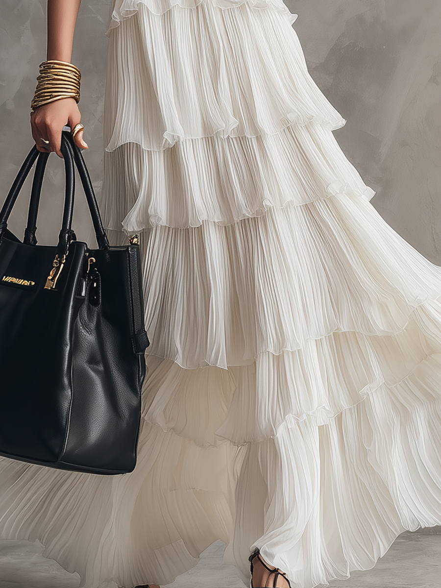 Ethereal Ivory Pleated Tiered Cami Maxi Dress