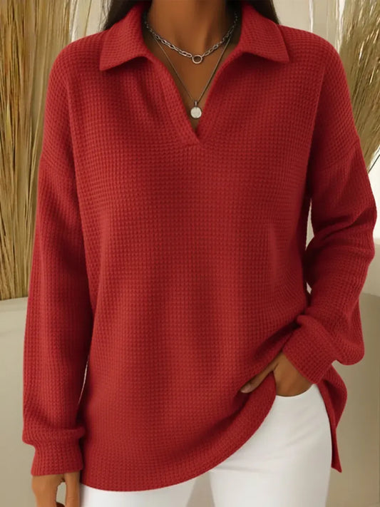 Casual Solid Color Waffle Knit Polo Collar Sweatshirt