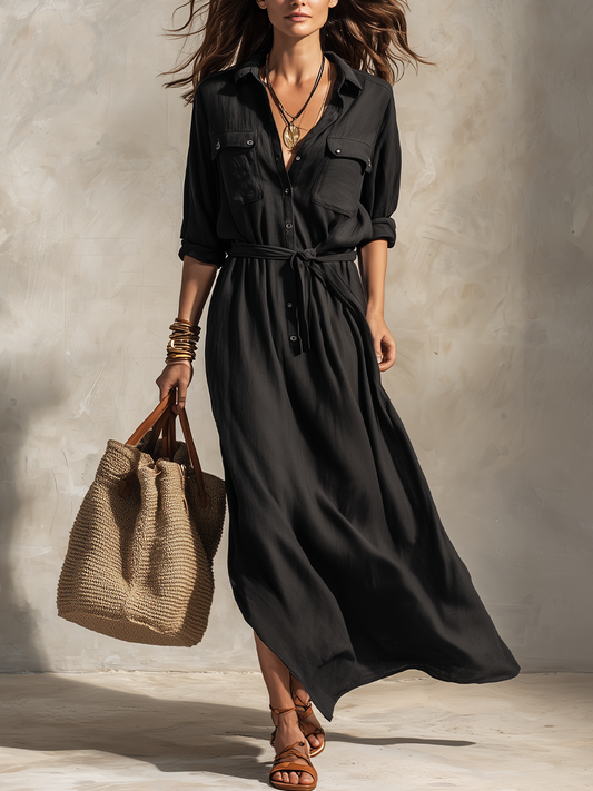 Refined Belted Linen Shirt Maxi Dress