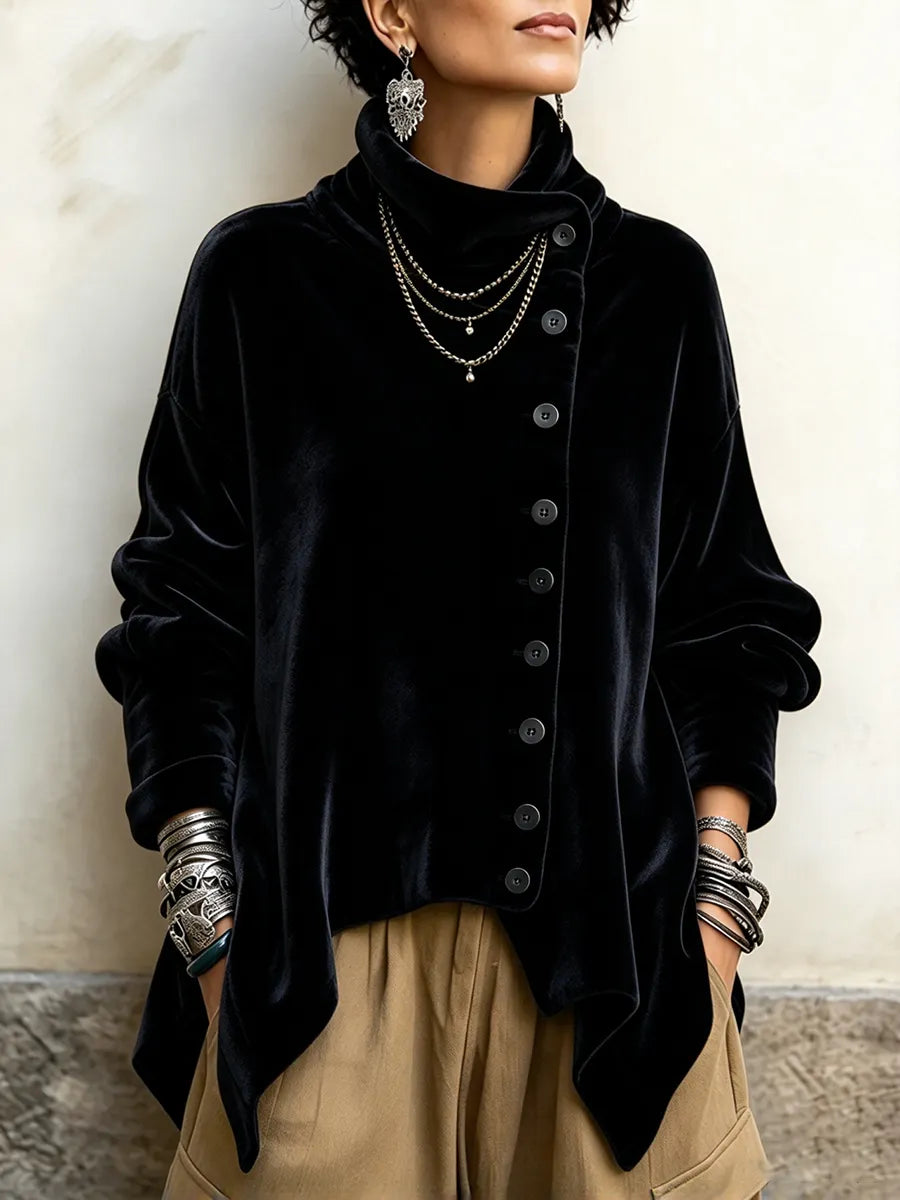 Chic Velvet Asymmetric Button Turtleneck Top