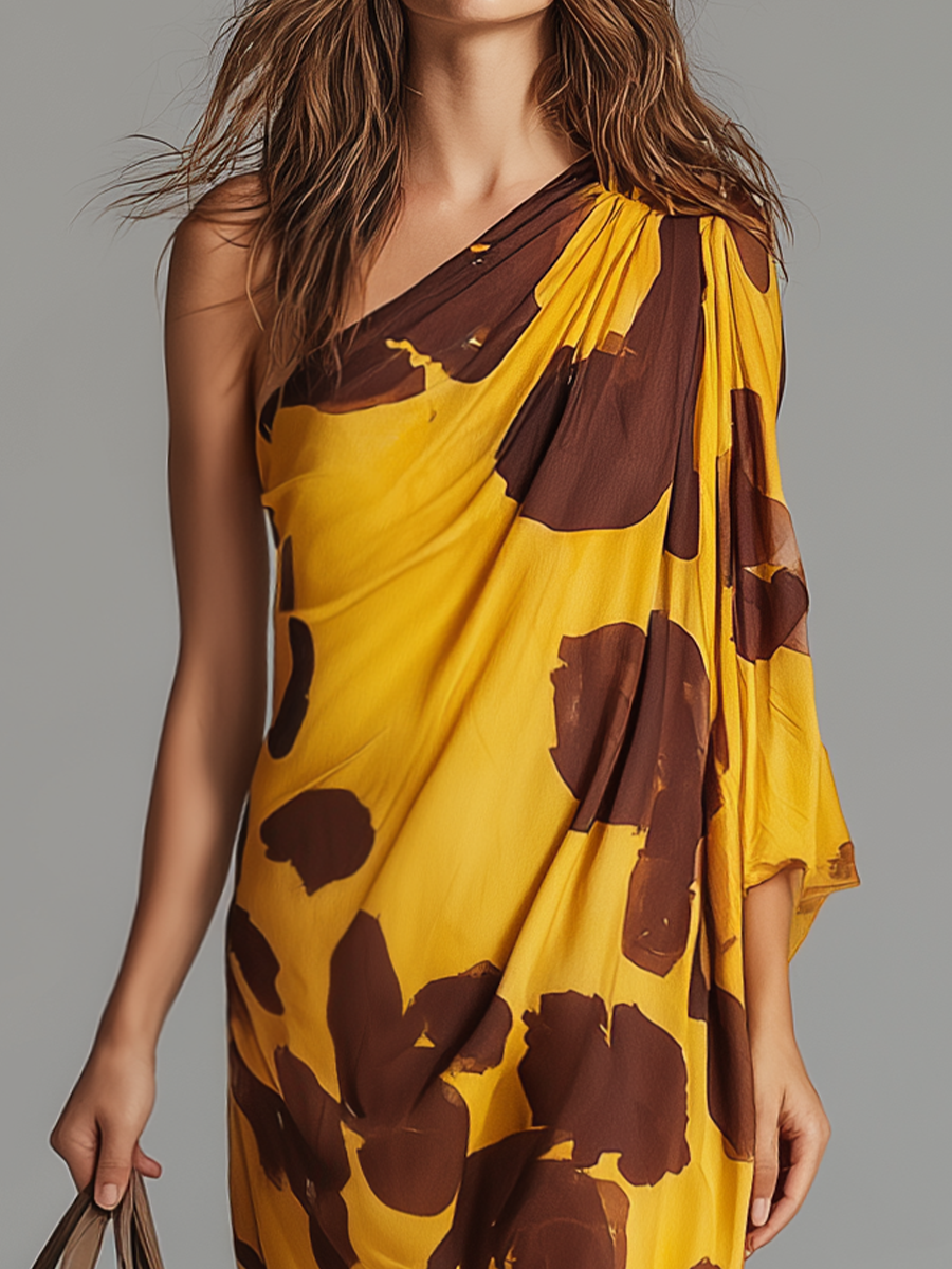 Elegant Abstract Print One-Shoulder Maxi Dress