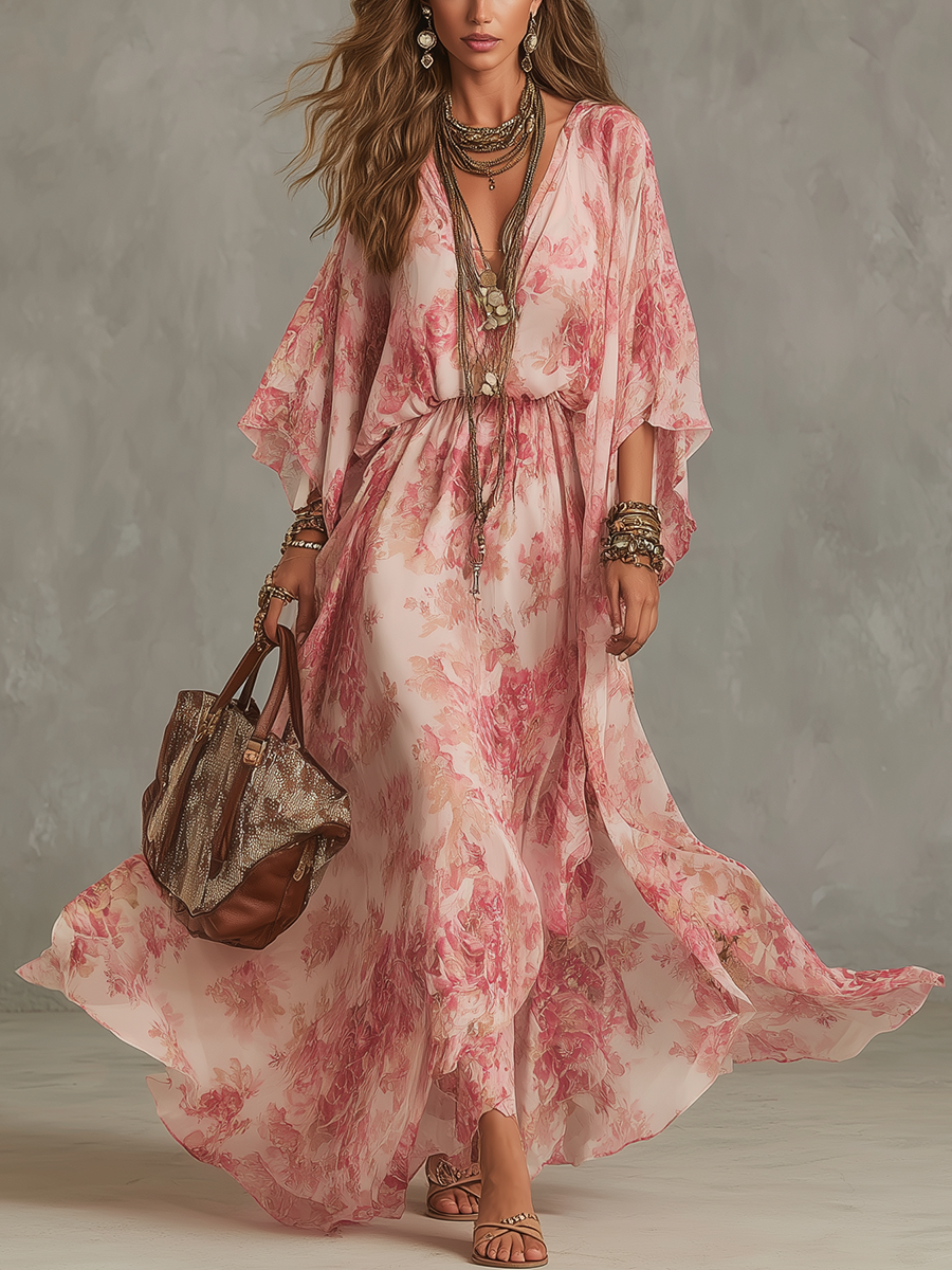 Light Pink Floral Print Flowing Maxi Dress