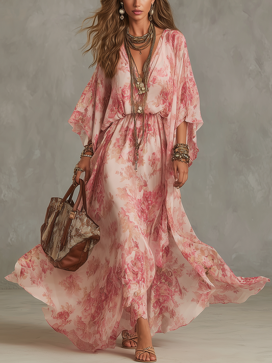Light Pink Floral Print Flowing Maxi Dress