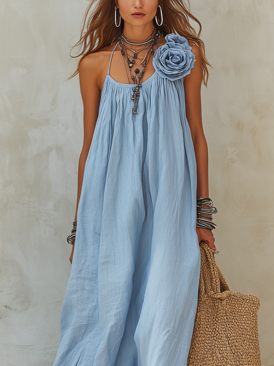 Resort Style Floral Decorated Sky Blue Linen Dress