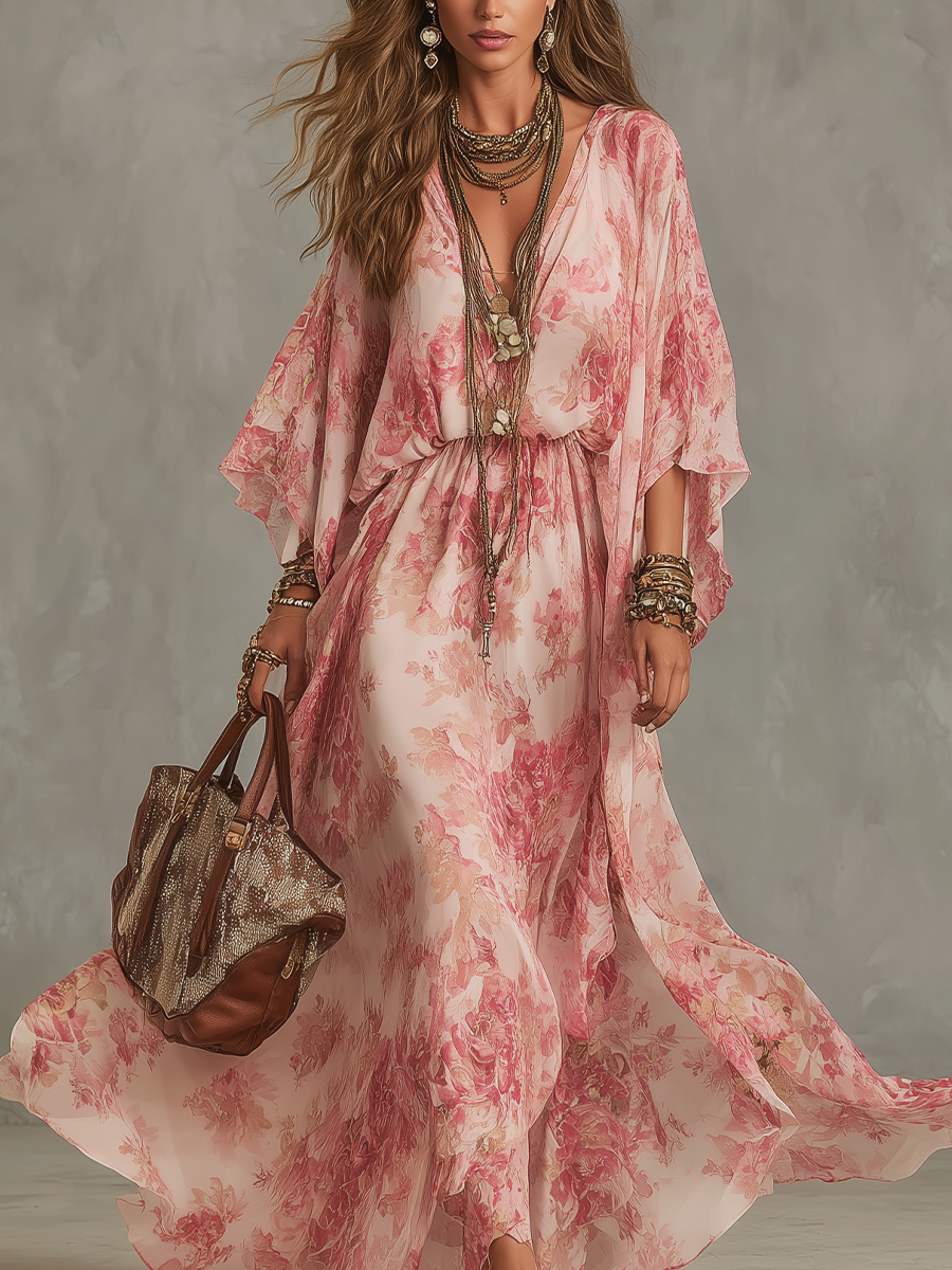 Light Pink Floral Print Flowing Maxi Dress