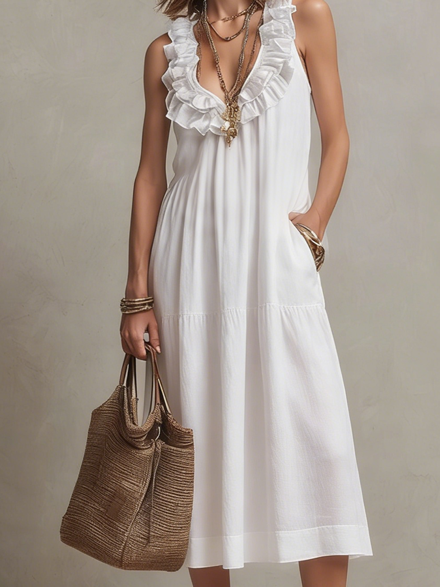 Casual White Ruffled V Neck Dress
