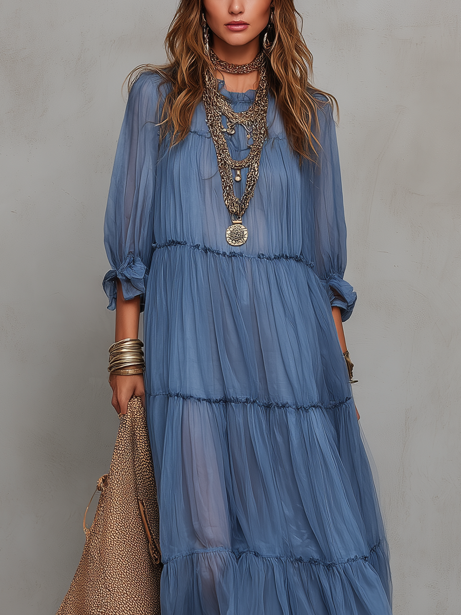 Romantic Tiered Chiffon Boho Maxi Dress