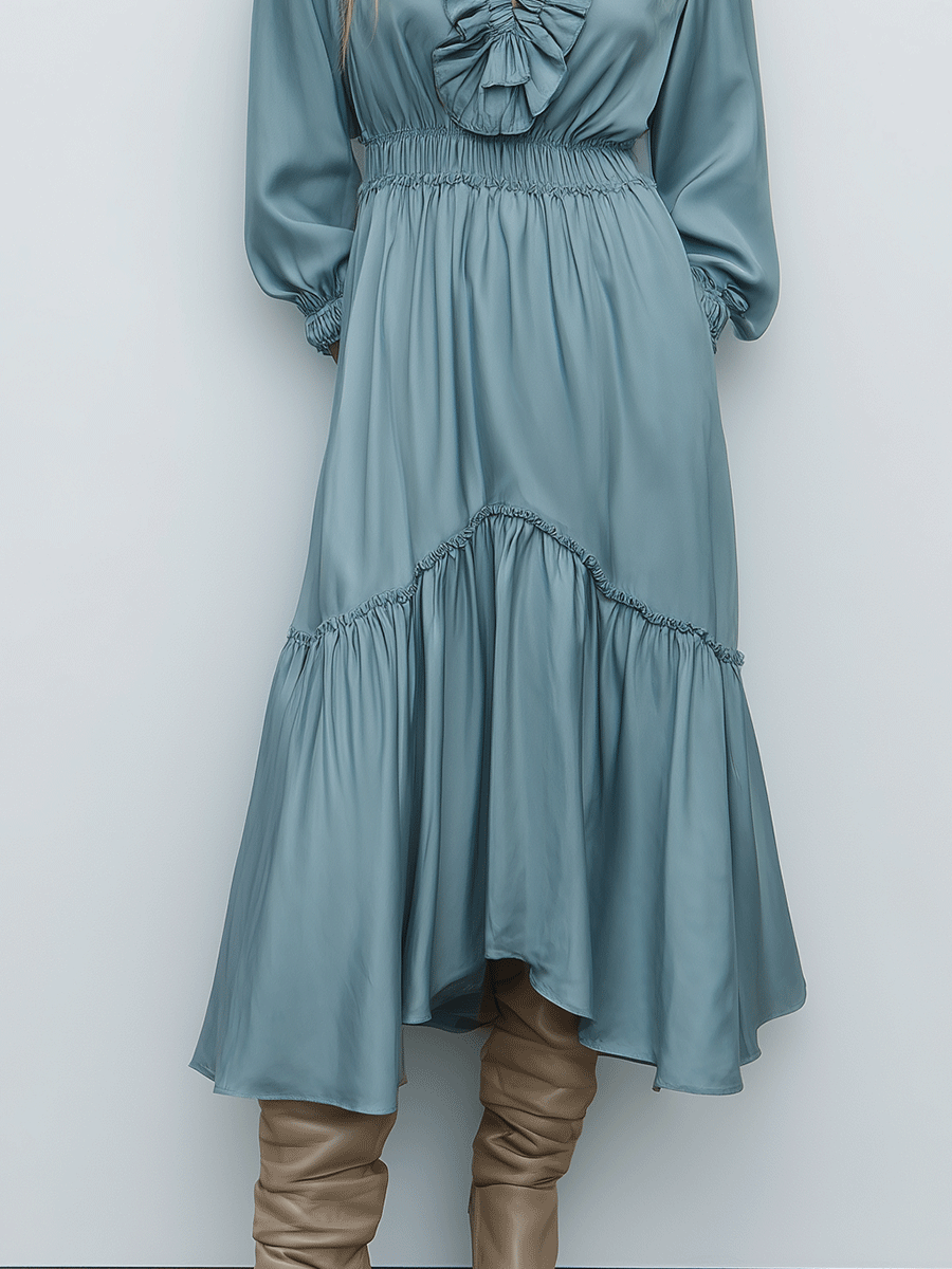 Elegant Ruffled Lake-Blue Midi Dress