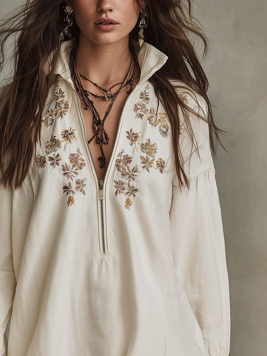 Romantic Ivory Embroidered Boho Tunic Mini Dress