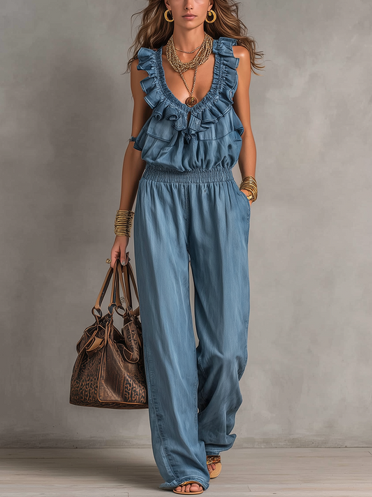 Vintage Ruffle V-Neck Denim Wide Leg Jumpsuit