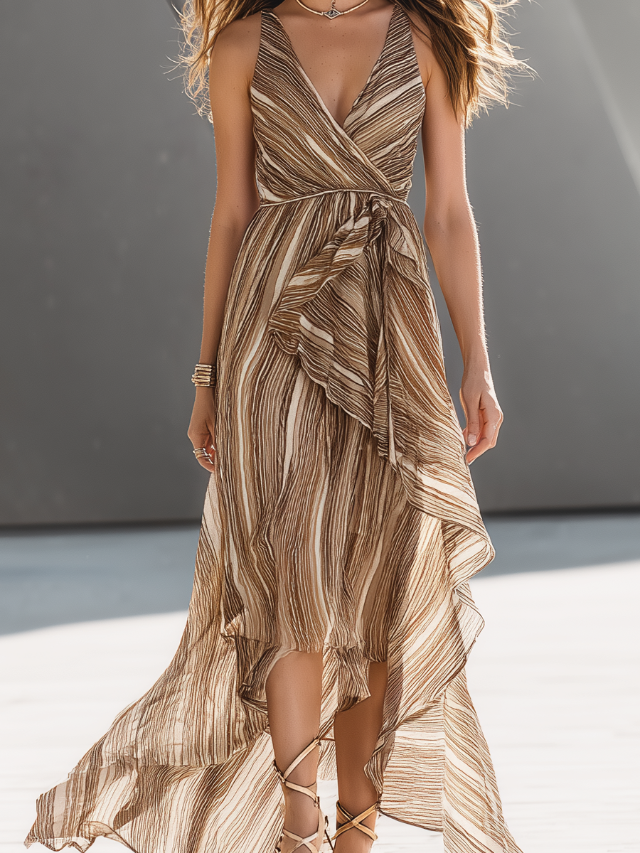 Champagne Stripe Wrap V-Neck Ruffle Asymmetrical Maxi Dress